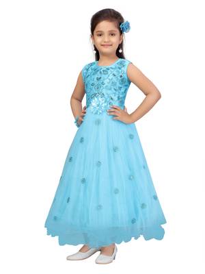 Turquoise woven net kids-girl-gowns 3