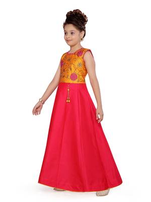 Yellow woven silk kids-girl-gowns 4
