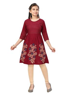 Maroon printed cotton girls-top-bottom 1