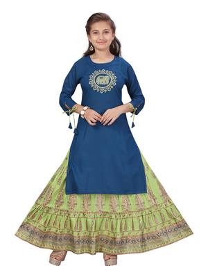Blue embroidered cotton girls-top-bottom 1