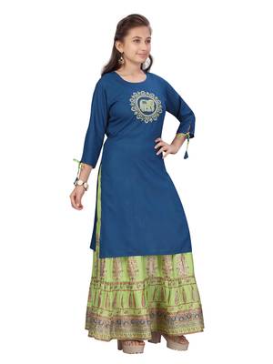 Blue embroidered cotton girls-top-bottom 2