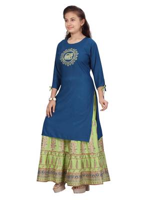 Blue embroidered cotton girls-top-bottom 3