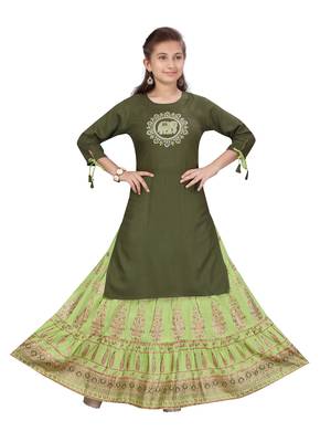 Green embroidered cotton girls-top-bottom 1