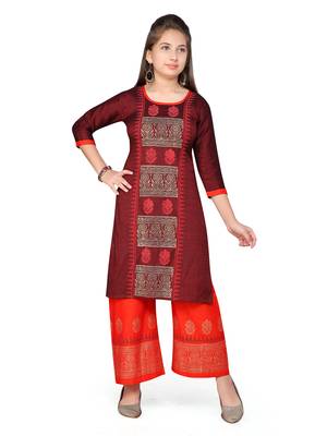 Maroon printed cotton girls-top-bottom 1