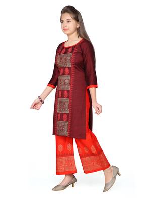 Maroon printed cotton girls-top-bottom 2