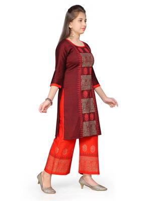 Maroon printed cotton girls-top-bottom 3