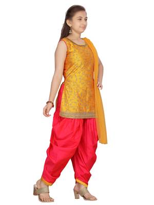 Yellow embroidered pure silk girls-top-bottom 3