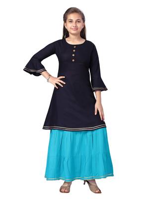 Blue plain cotton girls-top-bottom 1