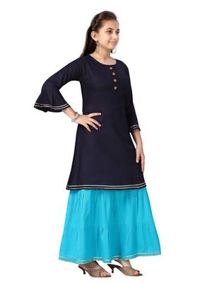 Blue plain cotton girls-top-bottom 2