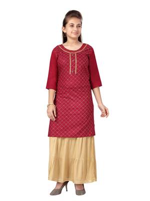 Maroon printed cotton girls-top-bottom 1