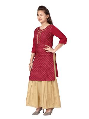 Maroon printed cotton girls-top-bottom 3