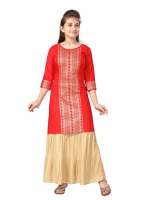 Red printed cotton girls-top-bottom 1