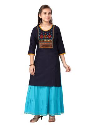 Blue embroidered cotton girls-top-bottom 1