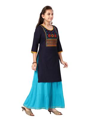 Blue embroidered cotton girls-top-bottom 2