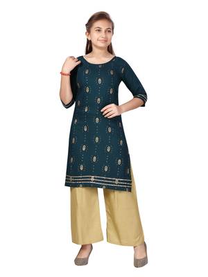 Green printed cotton girls-top-bottom 1