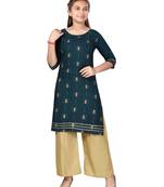 Green printed cotton girls-top-bottom