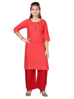 Red printed cotton girls-top-bottom 1