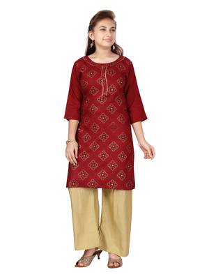 Maroon printed cotton girls-top-bottom 1