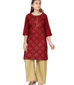 Maroon printed cotton girls-top-bottom