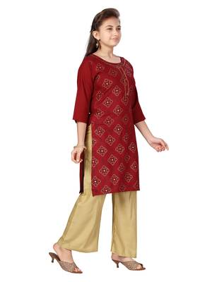 Maroon printed cotton girls-top-bottom 2