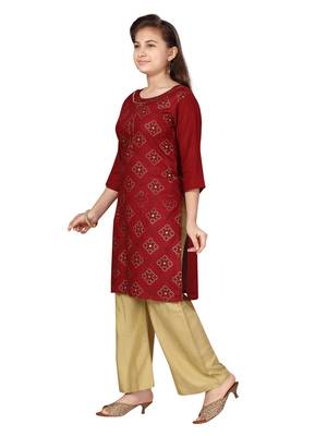 Maroon printed cotton girls-top-bottom 3
