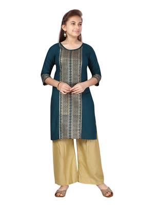 Green printed cotton girls-top-bottom 1