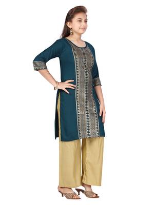 Green printed cotton girls-top-bottom 2