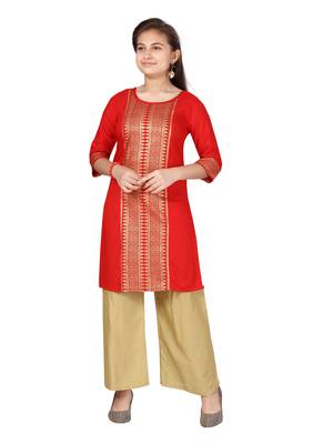 Red printed cotton girls-top-bottom 1