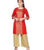 Red printed cotton girls-top-bottom