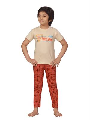 Beige printed cotton boys-suit 1