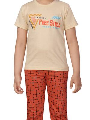 Beige printed cotton boys-suit 5