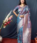 Grey woven banarasi silk saree with blouse