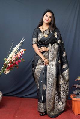 Black woven banarasi silk saree with blouse 1