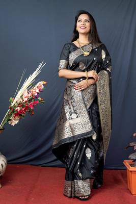 Black woven banarasi silk saree with blouse 2