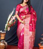 Rani pink woven banarasi silk saree with blouse