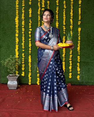 Navy blue woven banarasi silk saree with blouse 1