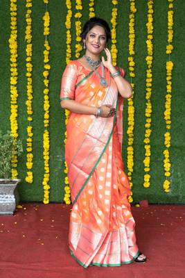 Peach woven banarasi silk saree with blouse 1