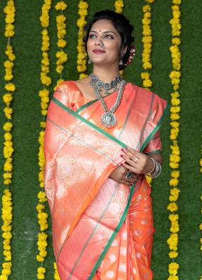 Peach woven banarasi silk saree with blouse 2