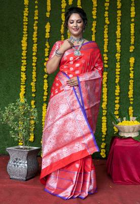 Red woven banarasi silk saree with blouse 1
