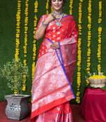 Red woven banarasi silk saree with blouse