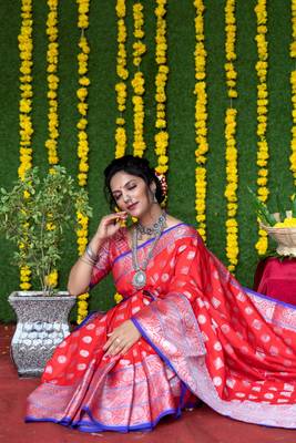 Red woven banarasi silk saree with blouse 2