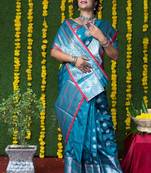 Blue woven banarasi silk saree with blouse