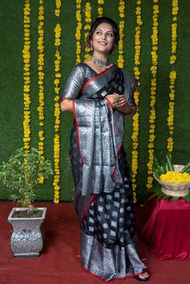 Black woven banarasi silk saree with blouse 1