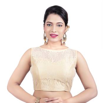 Gold High Neck Net & Brasso Sleeveless Princesss Cut Padded Readymade  Blouse 1