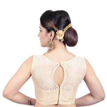 Gold High Neck Net & Brasso Sleeveless Princesss Cut Padded Readymade  Blouse 2