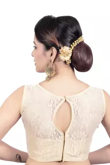 Gold High Neck Net & Brasso Sleeveless Princesss Cut Padded Readymade  Blouse