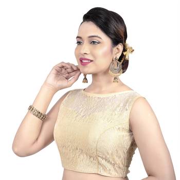 Gold High Neck Net & Brasso Sleeveless Princesss Cut Padded Readymade  Blouse 3