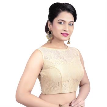 Gold High Neck Net & Brasso Sleeveless Princesss Cut Padded Readymade  Blouse 4