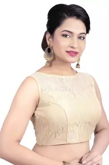 Gold High Neck Net & Brasso Sleeveless Princesss Cut Padded Readymade  Blouse