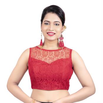 Maroon High Neck  Net & Brasso Sleeveless Princesss Cut Padded Readymade  Blouse 1